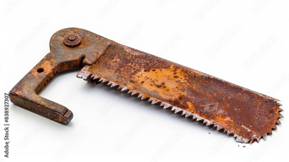 rusty old metal hand saw on isolated white background, Material work concept for designer rusty old metal hand saw on isolated white background, Material work concept for designer