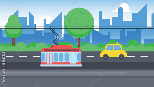 City street landscape with tram car and skyline buildings in the background. concept of transport in a city. vector illustration
