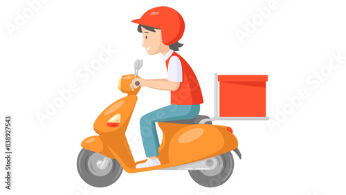 Delivery boy riding scooter with delivery box in red uniform. food and parcel delivery service concept. vector illustration