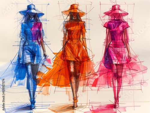 Tree fashion models drawing colorful, crazy, dynamic, strong bold colors photo