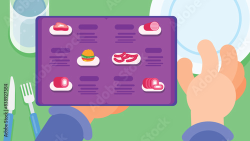 Table top view of ordering food in restaurant or cafe. flat style vector illustration
