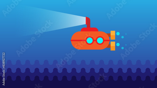 Submarine with periscope underwater. scientific underwater discoveries and travels. flat style vector illustration