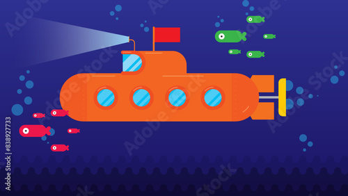 Submarine undersea view with fishes. flat style vector illustration