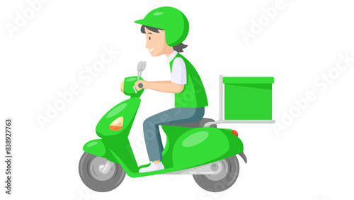 Delivery boy riding scooter with delivery box in green uniform. concept of grocery and parcel delivery service. vector illustration