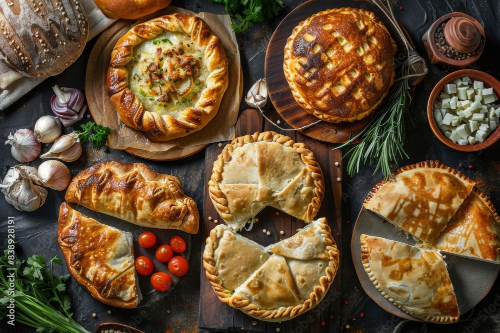Asian Pies Set with Qutab, Homemade Samosa, Indian Samsa, Traditional Uzbek Burekas Asian Pies Set with Qutab, Homemade Samosa, Indian Samsa, Traditional Uzbek Burekas