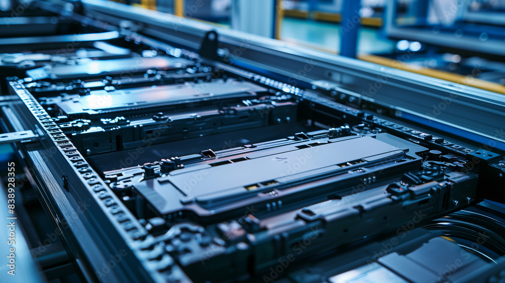 Mass production assembly line of electric vehicle battery cells close-up view Mass production assembly line of electric vehicle battery cells close-up view