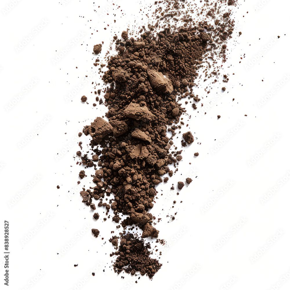 Power of nature flying and scattered soil dirt in the air, isolated on a white background. Power of nature flying and scattered soil dirt in the air, isolated on a white background.