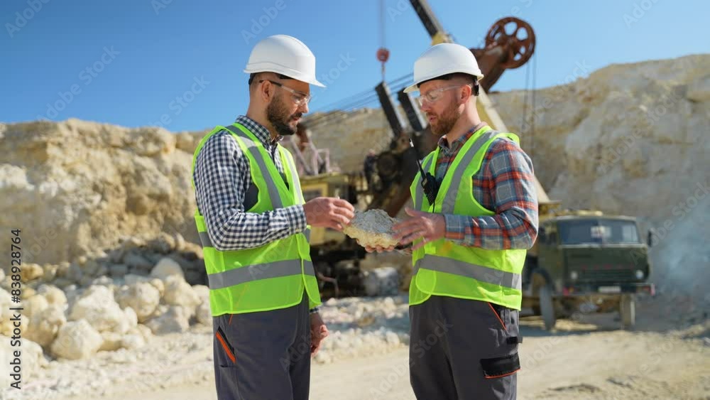 Two engineers geologists holds stone in hand and discussing quarry excavation plan Two engineers geologists holds stone in hand and discussing quarry excavation plan