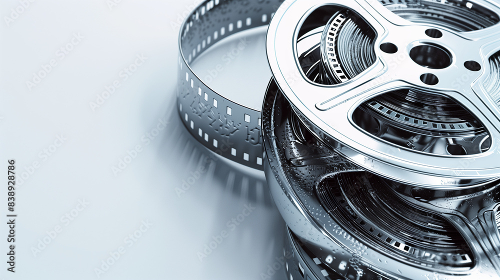 Naklejka premium Cinema background with movie clapperboard and film reel. Cinema concept of vintage film reels, clapperboard and other tools on old wooden background. Close-up on an open clapperboard in hand. 
