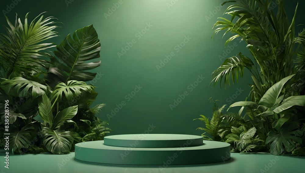 minimalist Green podium for product presentation and green background with tropical leaves on the sides of it, high quality photo, cinematic shot, realistic, film grain, volumetric light, IMAX, photor minimalist Green podium for product presentation and green background with tropical leaves on the sides of it, high quality photo, cinematic shot, realistic, film grain, volumetric light, IMAX, photor