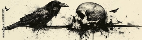A Gothic-style raven tattoo, in black ink, perched on a skull against a plain white backdrop