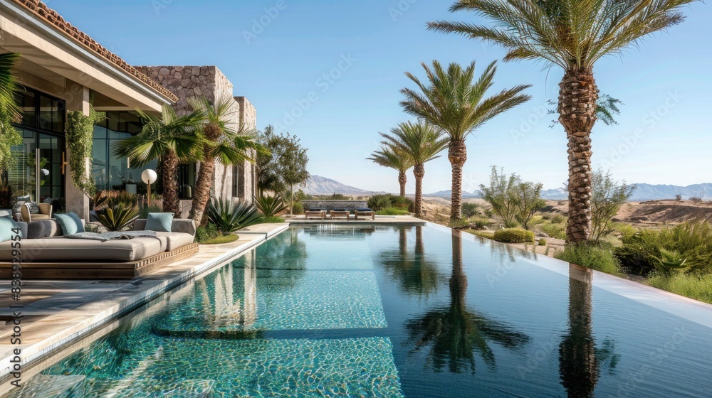 A serene, desert oasis with palm trees and a clear, blue pool.
