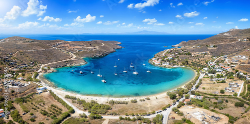 Fototapeta Naklejka Na Ścianę i Meble -  Aerial view of the popuar bay and beach of Otzia, Kea Tzia Island, Greece, anchorage point for sailors