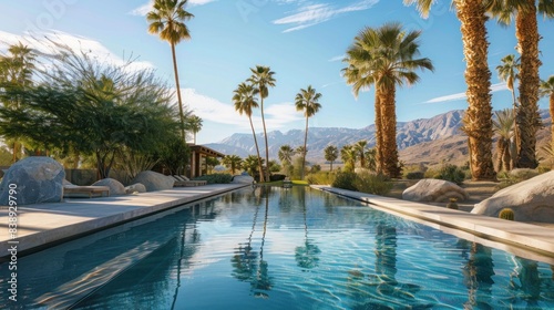 A serene  desert oasis with palm trees and a clear  blue pool.