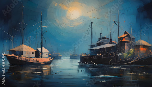 Wallpaper Mural Abstract boat fishing on sea at night worlds filled, Drawing pen on digital art concept. Torontodigital.ca