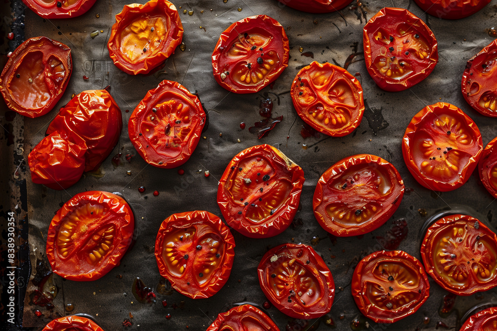 Dried tomatoes on baking sheet, view from above Dried tomatoes on baking sheet, view from above