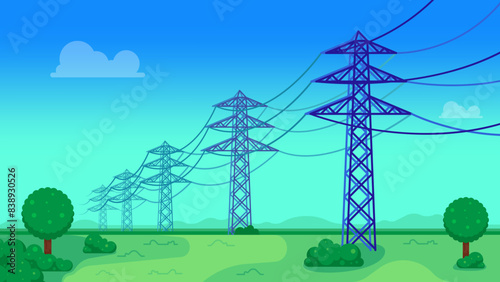 Transmission power lines with beautiful landscape. electric towers in a field, energy distribution concept. vector illustration
