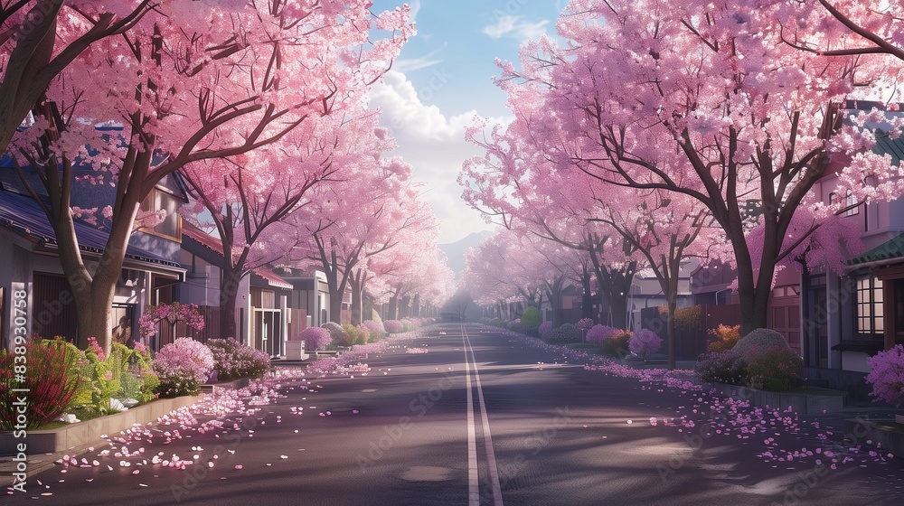 Naklejka premium A street lined with cherry blossom trees in full bloom.