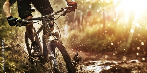 Mountain biker on rugged trail, close-up on mud-spattered bike and intense focus, dynamic lighting. © Thanthara