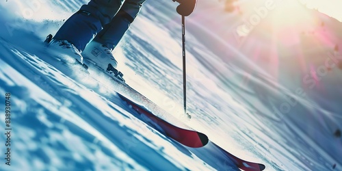 Skier descending snowy mountain, close-up on skis cutting through fresh powder, bright, crisp morning. 