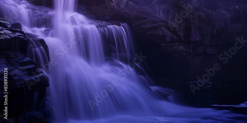 Mountain waterfall at dusk, close-up on silky water flow, deep blue and purple sky, serene atmosphere. 