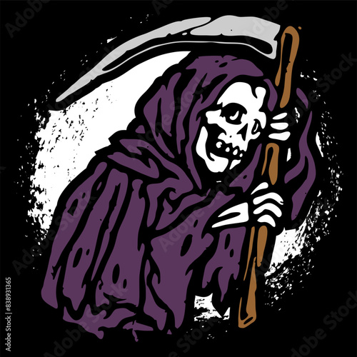 vector illustration tracing artwork of a grim reaper death calling invite to death with. Can be used as Logo, Brands, Mascots, tshirt, sticker,patch and Tattoo design.