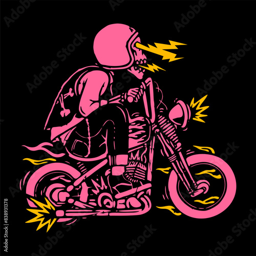vector illustration artwork of gangster bikers skeleton skull riding motorbike high speed  Can be used as Logo, Brands, Mascots, tshirt, sticker,patch and Tattoo design.