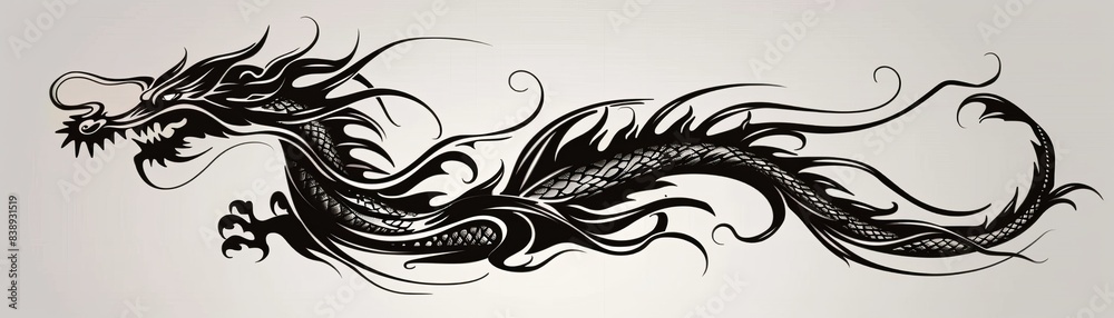 Tribal dragon tattoo with bold lines inked in black on a plain white background showcases fierce elegance Tribal dragon tattoo with bold lines inked in black on a plain white background showcases fierce elegance