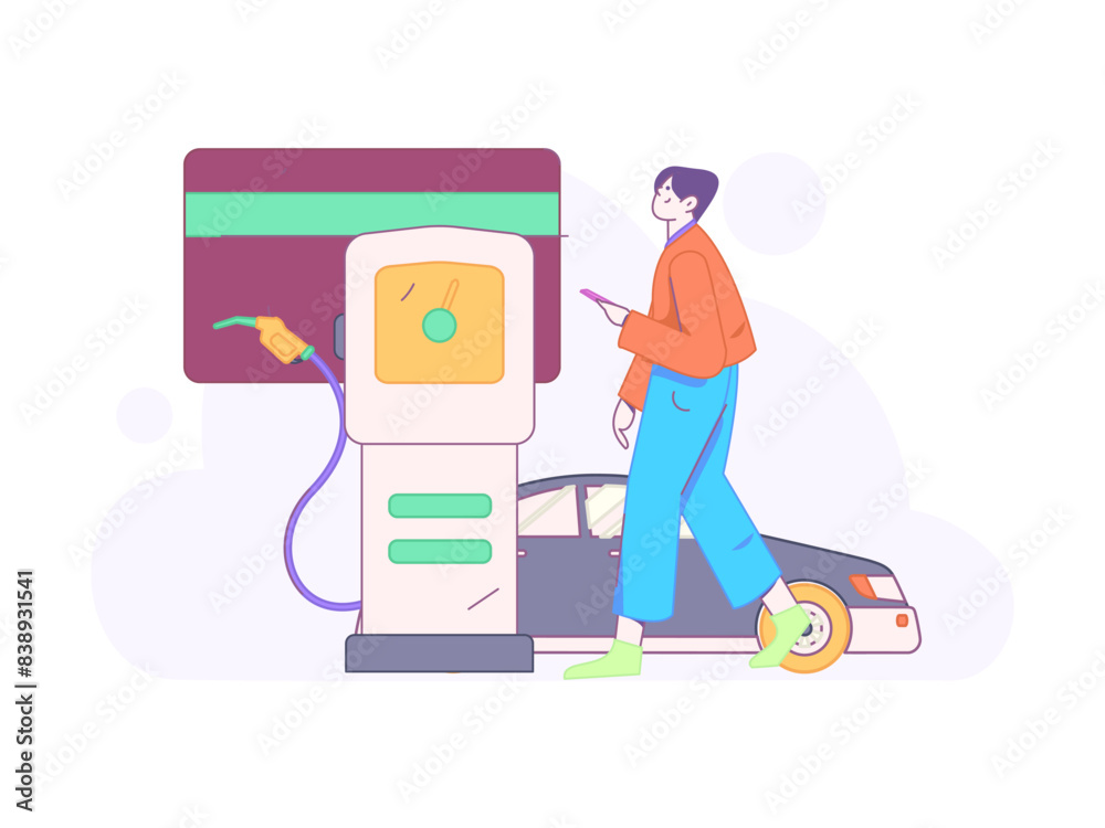 Vector Internet operation hand-drawn illustration of people getting discounts for refueling their cars
