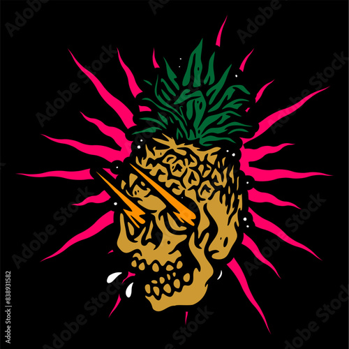 vector illustration artwork of pineapple skull head with lightning come out of its eyes with text lettering typography. Can be used as Logo, Brands, Mascots, tshirt, sticker,patch and Tattoo design.