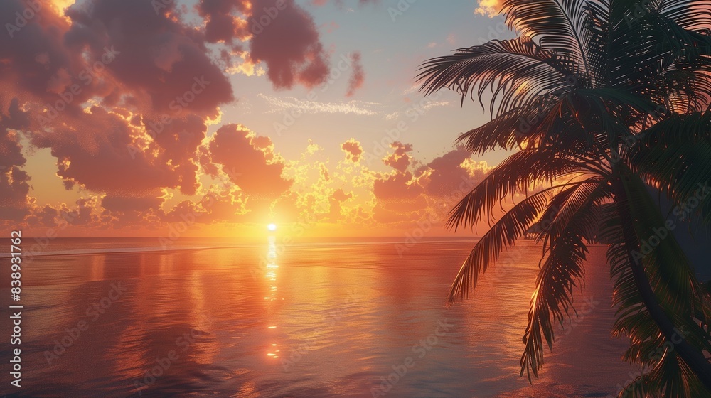 A sunrise over the ocean with palm trees in the foreground. A sunrise over the ocean with palm trees in the foreground.