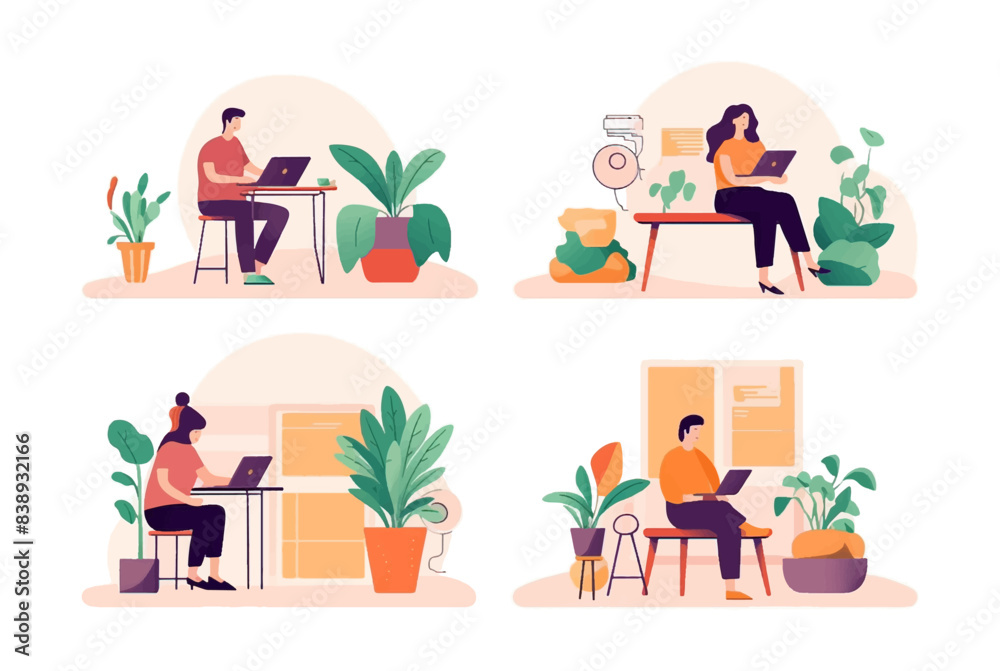 Working at home, co working space, concept illustration. Young people, man and woman freelancers working on laptops and computers at home. People at home in quarantine. Vector flat style