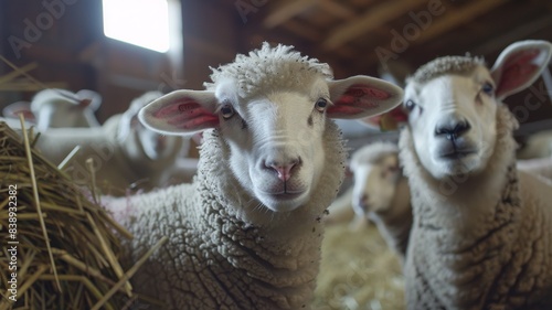 Sheep at farm. Head of lamb. Farming agriculture. Rural countryside. photo