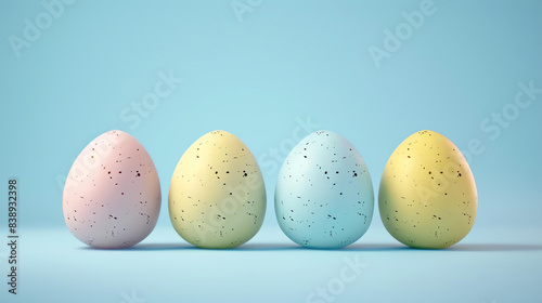 A row of four colorful Easter eggs in pastel shades of pink, yellow, blue, and green. The eggs are arranged in a line against a solid blue background.