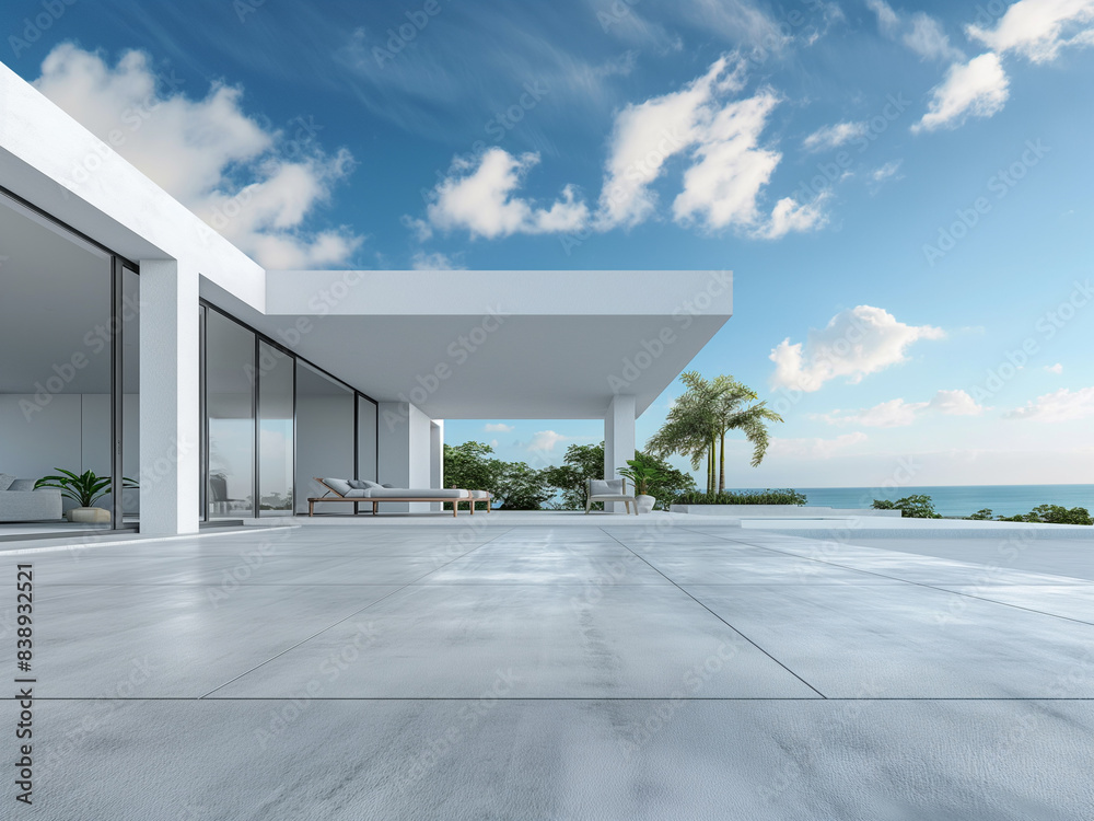 Modern beach house with wide brick terrace and sky backdrop