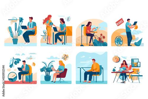 Working at home, co working space, concept illustration. Young people, man and woman freelancers working on laptops and computers at home. People at home in quarantine. Vector flat style