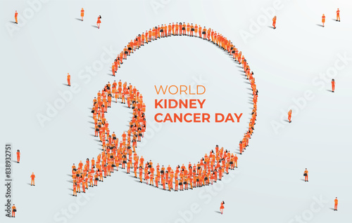 World Kidney cancer day concept poster. Large group of people form to create a orange ribbon. 20th of June. Vector illustration.