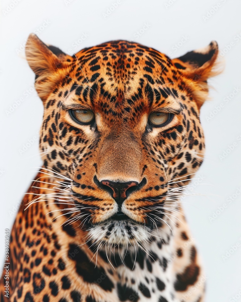Mystic portrait of African Leopard, copy space on right side, Anger, Menacing, Headshot, Close-up View Isolated on white background Mystic portrait of African Leopard, copy space on right side, Anger, Menacing, Headshot, Close-up View Isolated on white background
