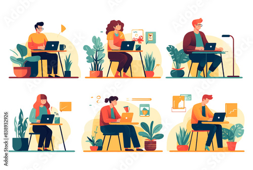 Working at home, co working space, concept illustration. Young people, man and woman freelancers working on laptops and computers at home. People at home in quarantine. Vector flat style