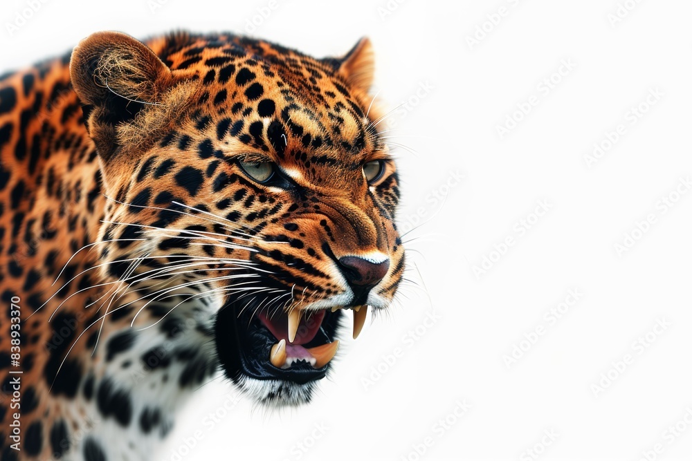 Mystic portrait of African Leopard in studio, copy space on right side, Anger, Menacing, Headshot, Close-up View Isolated on white background Mystic portrait of African Leopard in studio, copy space on right side, Anger, Menacing, Headshot, Close-up View Isolated on white background