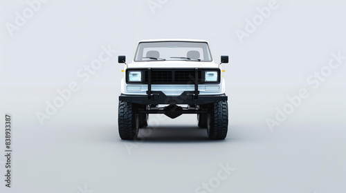 A retro white pickup truck with large wheels and a black bumper is shown in a front view. The truck is isolated on a white background.