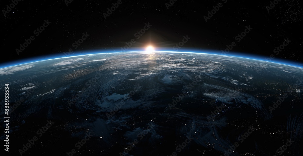 Fototapeta premium Space and horizon of globe. Night cosmos. Astronomy science background. Exploration wallpaper. Earth planet in dark universe