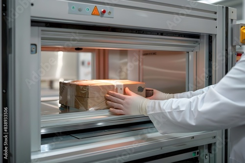 Technician s Hands Using Portable X Ray Machine to Scan Package photo