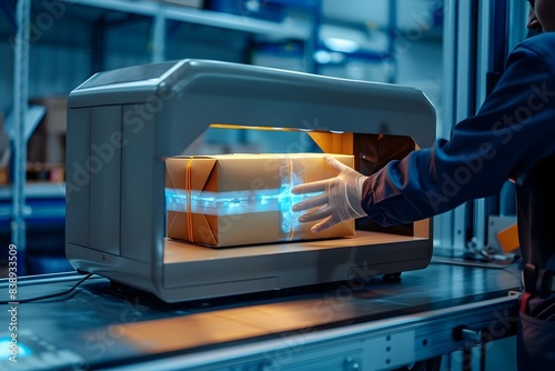 Technician Examining Package with Portable X Ray Scanner in Industrial Setting