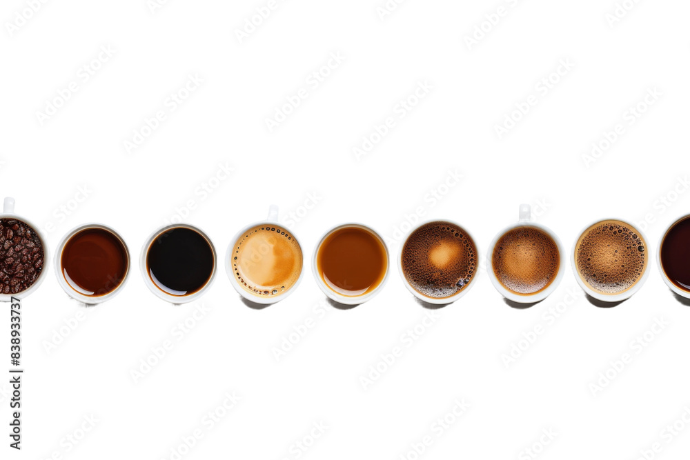Symphony of Coffee Cups on a White or Clear Surface PNG Transparent Background.. Symphony of Coffee Cups on a White or Clear Surface PNG Transparent Background..