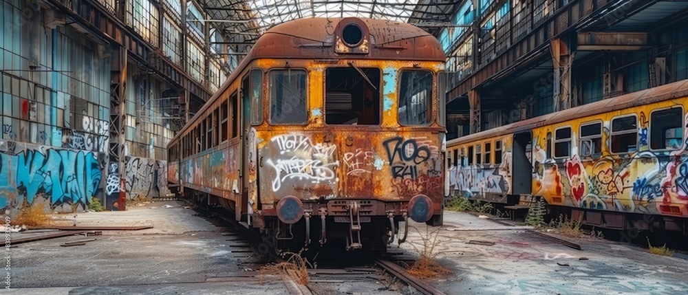 Obraz premium Old rusty electric train abandoned on unused siding. An old vintage abandoned rusty train station with o lot of graffiti. Generative ai
