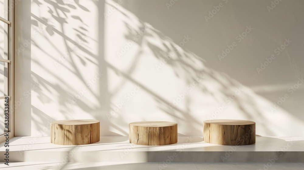 Three wooden podiums sit in front of white walls, casting shadows on the floor. The room is light and airy, with sunlight coming in through the windows Three wooden podiums sit in front of white walls, casting shadows on the floor. The room is light and airy, with sunlight coming in through the windows