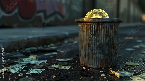 Bitcoin cap in gold. Dollars on a steel trash can on a dimly lit street. 3D illustration 