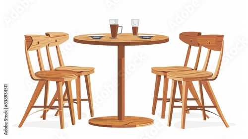 Vector illustration of wooden tables and chairs against a white background