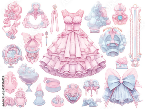 Anime manga cartoon girl characters dress feminine for animation, motion graphic. Parts of body, eight emotions, many parts of hands. Cute character set clothes costume